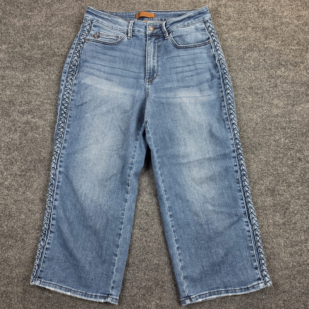 Judy Blue Cropped Wide Leg Jeans Women's 14W Braid Side Trim Med Wash High Rise